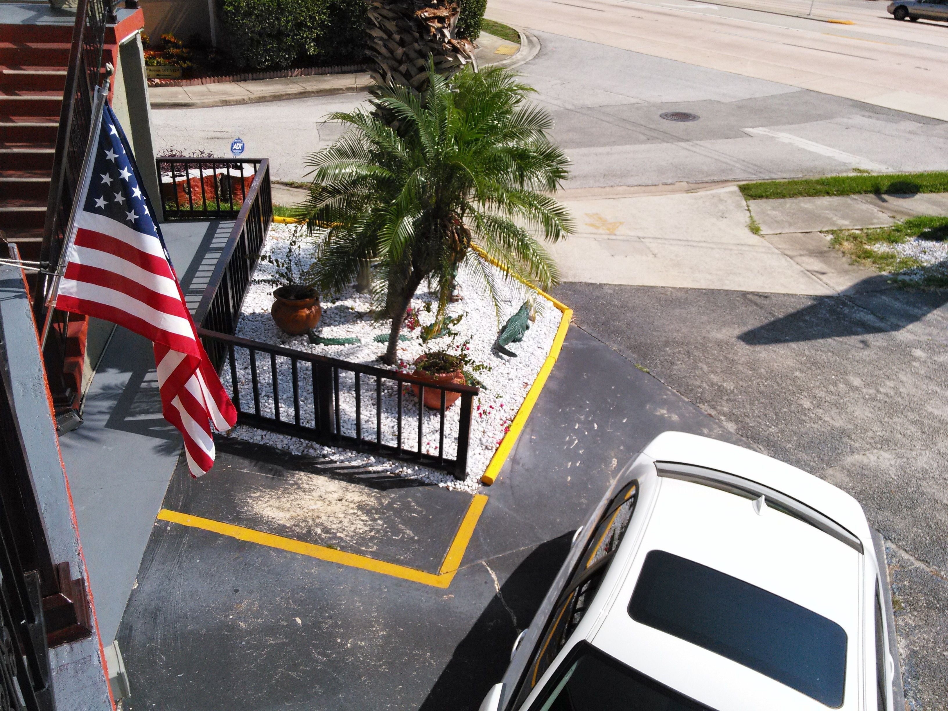 A parking area with a white car, a palm tree, and an American flag.