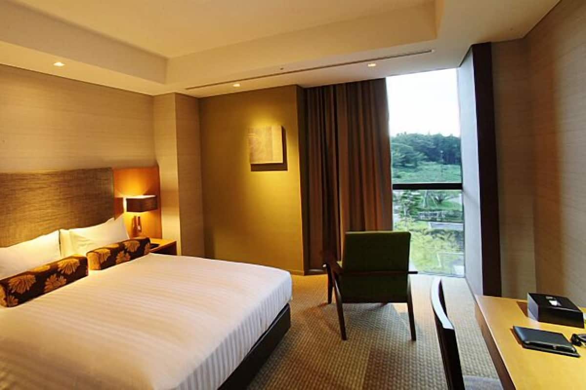A hotel room with a large bed, two bedside lamps, a desk with a chair, and a view of greenery through the window.