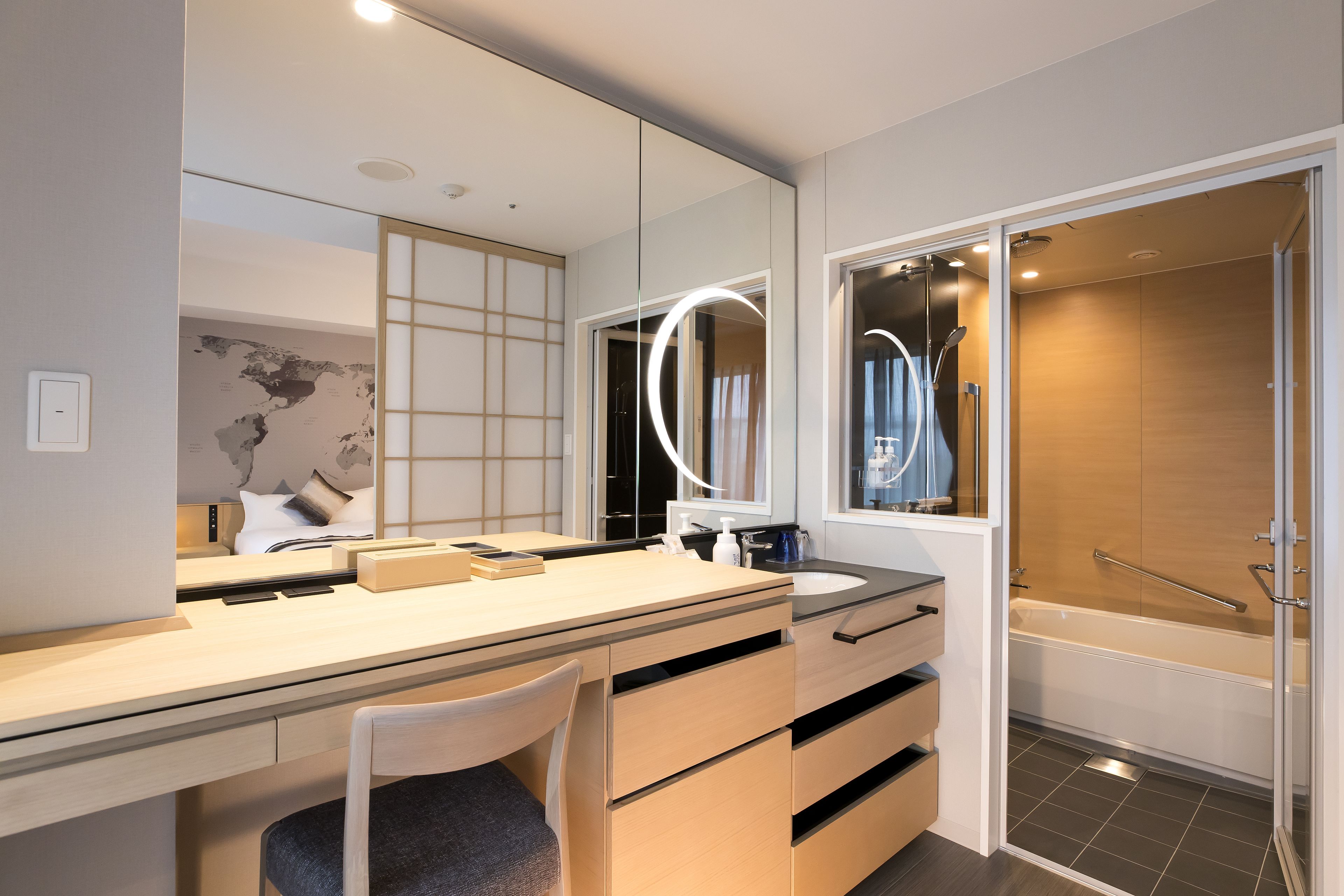 separate bathtub and shower, deep-soaking bathtub, rainfall showerhead