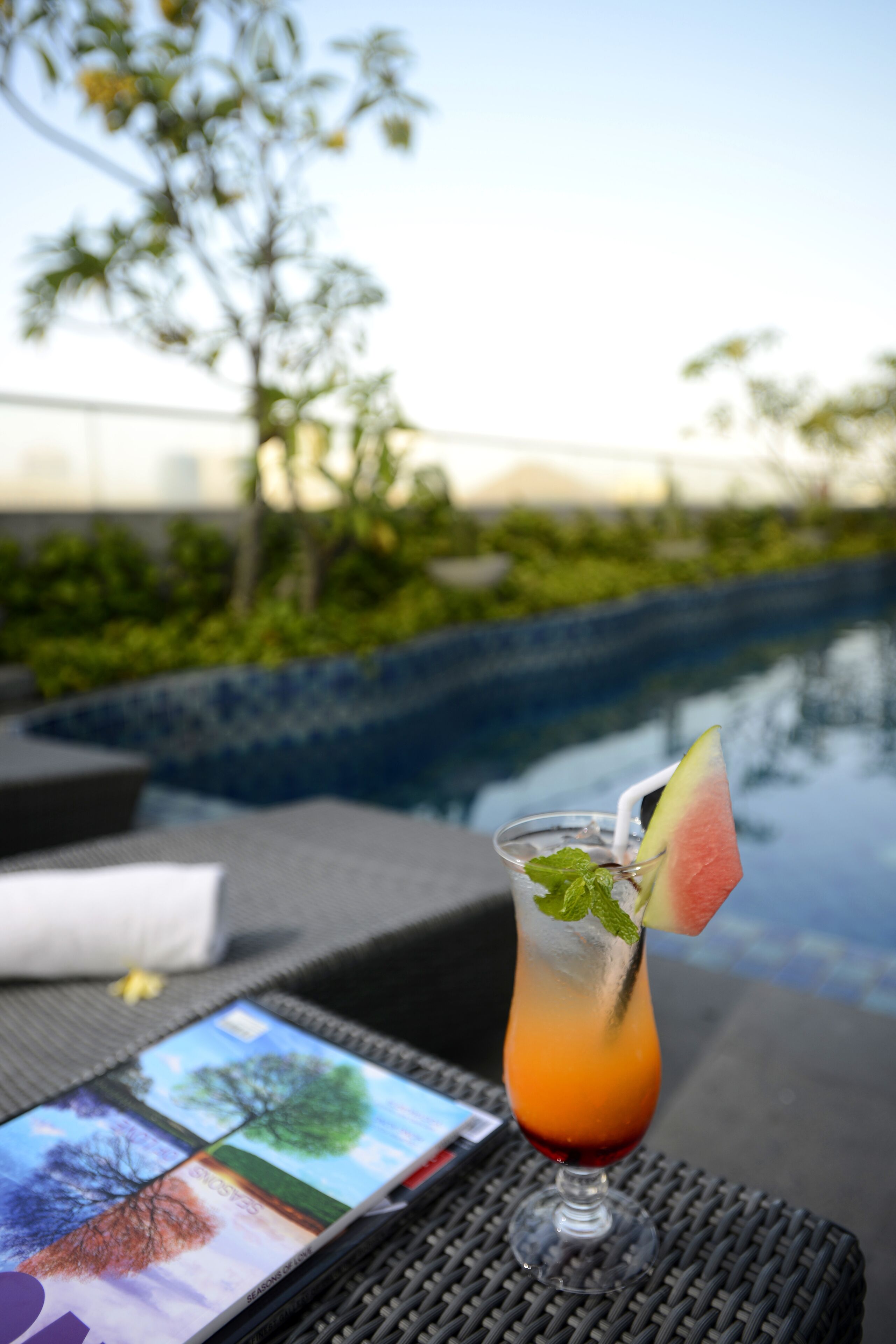 Un verre à cocktail, une tranche de pastèque et quelques feuilles de menthe, le tout posé sur une table au bord d’une piscine.