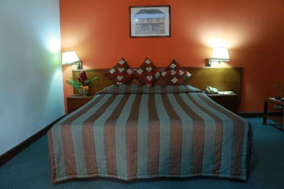 A hotel room with a striped bedspread, two pillows with a geometric pattern, a framed picture on the wall, and a nightstand with a lamp and a vase of flowers.