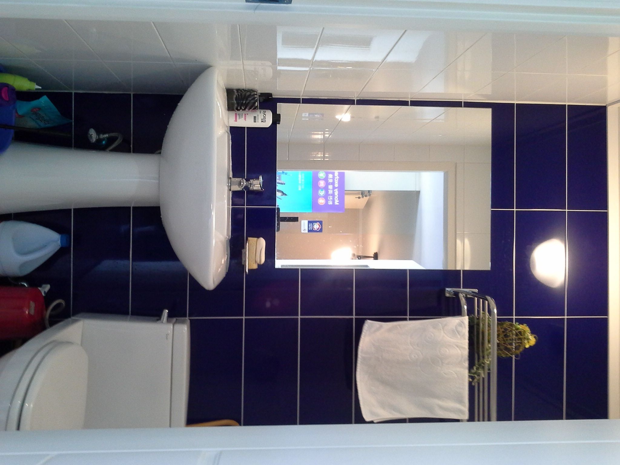 A bathroom with a white sink, a mirror, and a blue tiled floor.