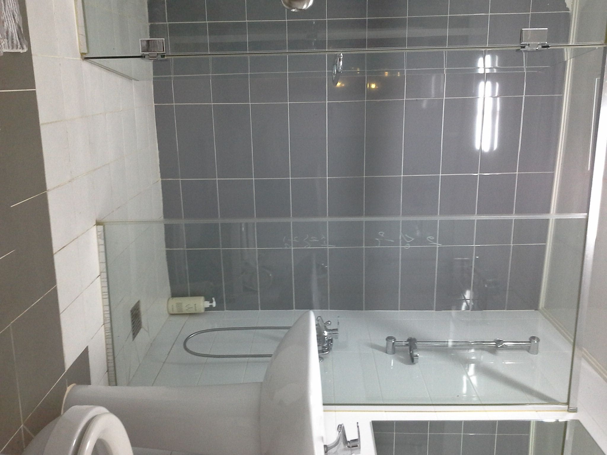 A modern bathroom with a glass shower enclosure, a toilet, and a sink with a mirror.