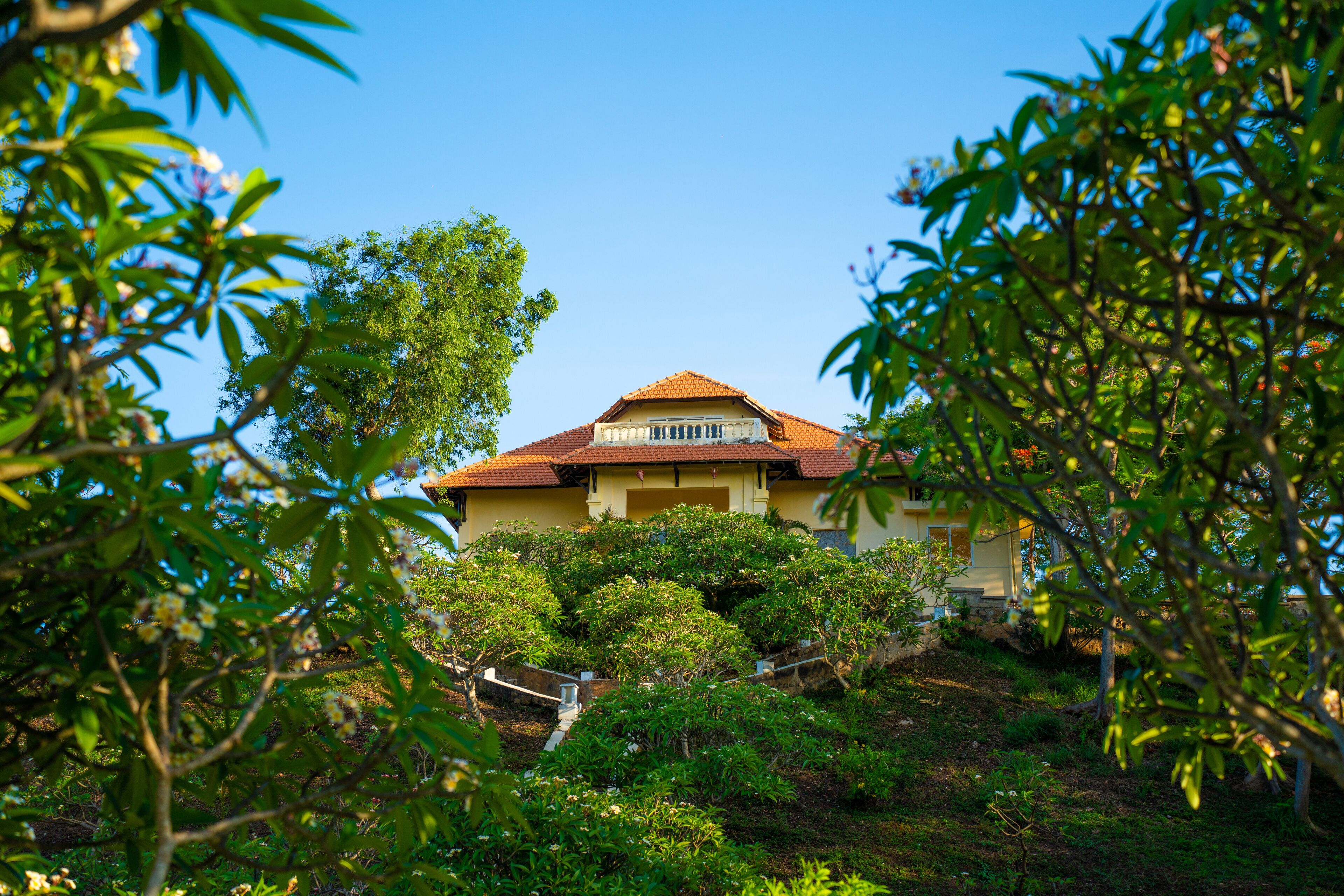 Ein Haus mit rotem Ziegeldach, umgeben von üppiger Vegetation und Bäumen.