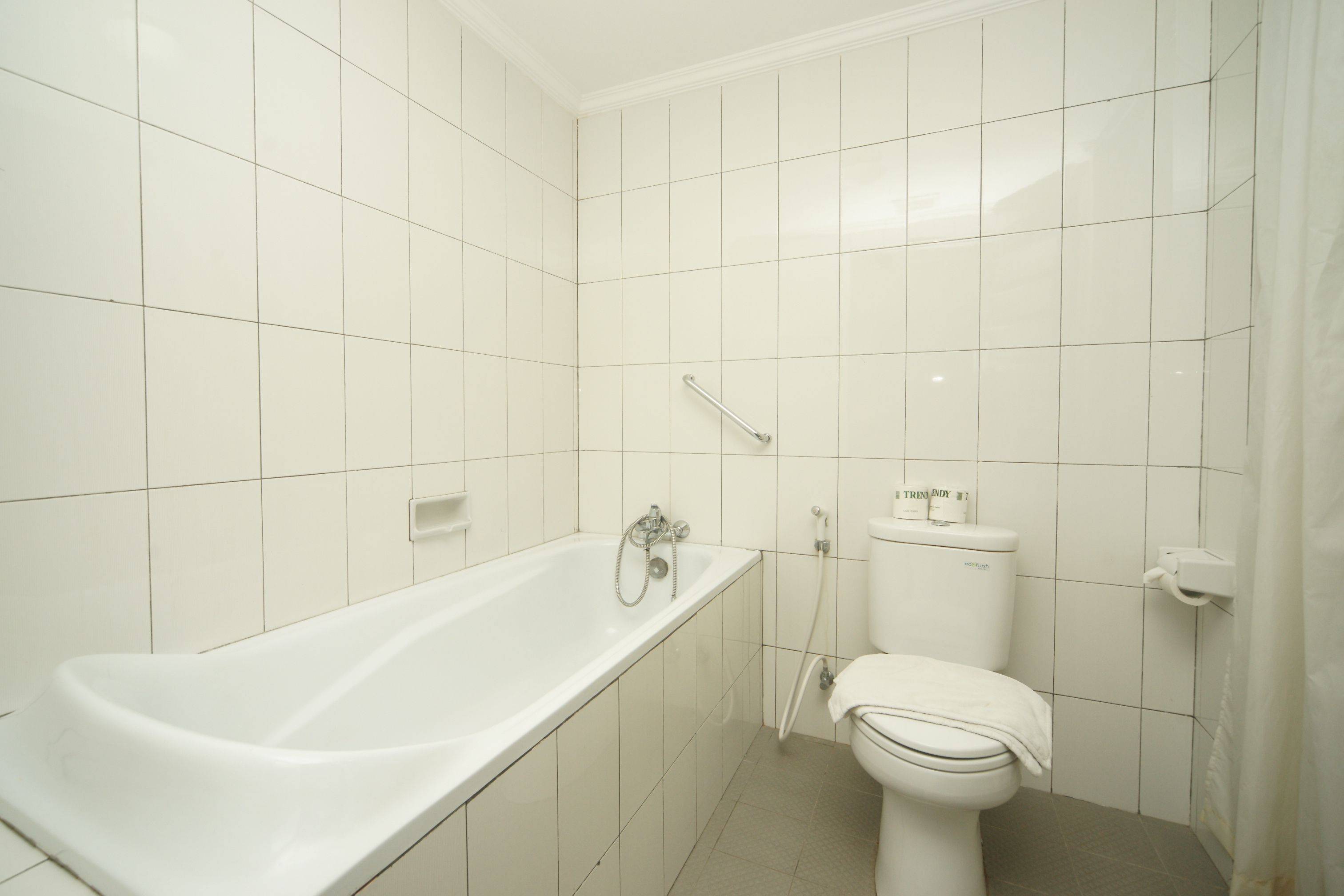 Une salle de bain avec des carreaux blancs, une baignoire, des toilettes et une douche.