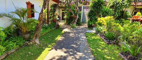 A paved pathway flanked by lush greenery and flowering plants, leading to a building with a tiled roof and a white wall.