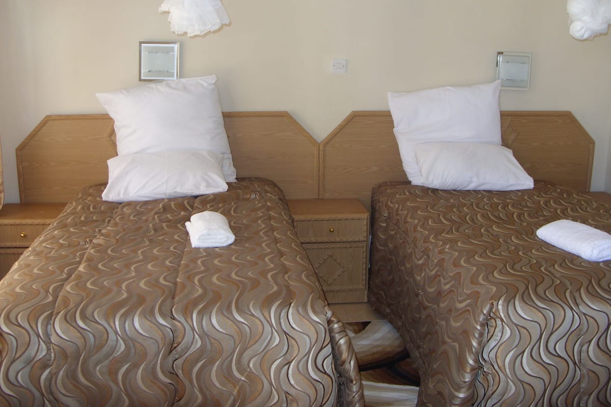 Twee eenpersoonsbedden met bruin beddengoed met patroon, witte kussens en een witte handdoek op elk bed.