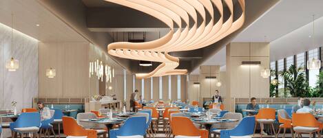 A modern dining area with a unique ceiling design, multiple seating arrangements, and a view of the outdoors.