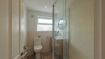 A bathroom with a toilet, a sink, and a glass shower enclosure.