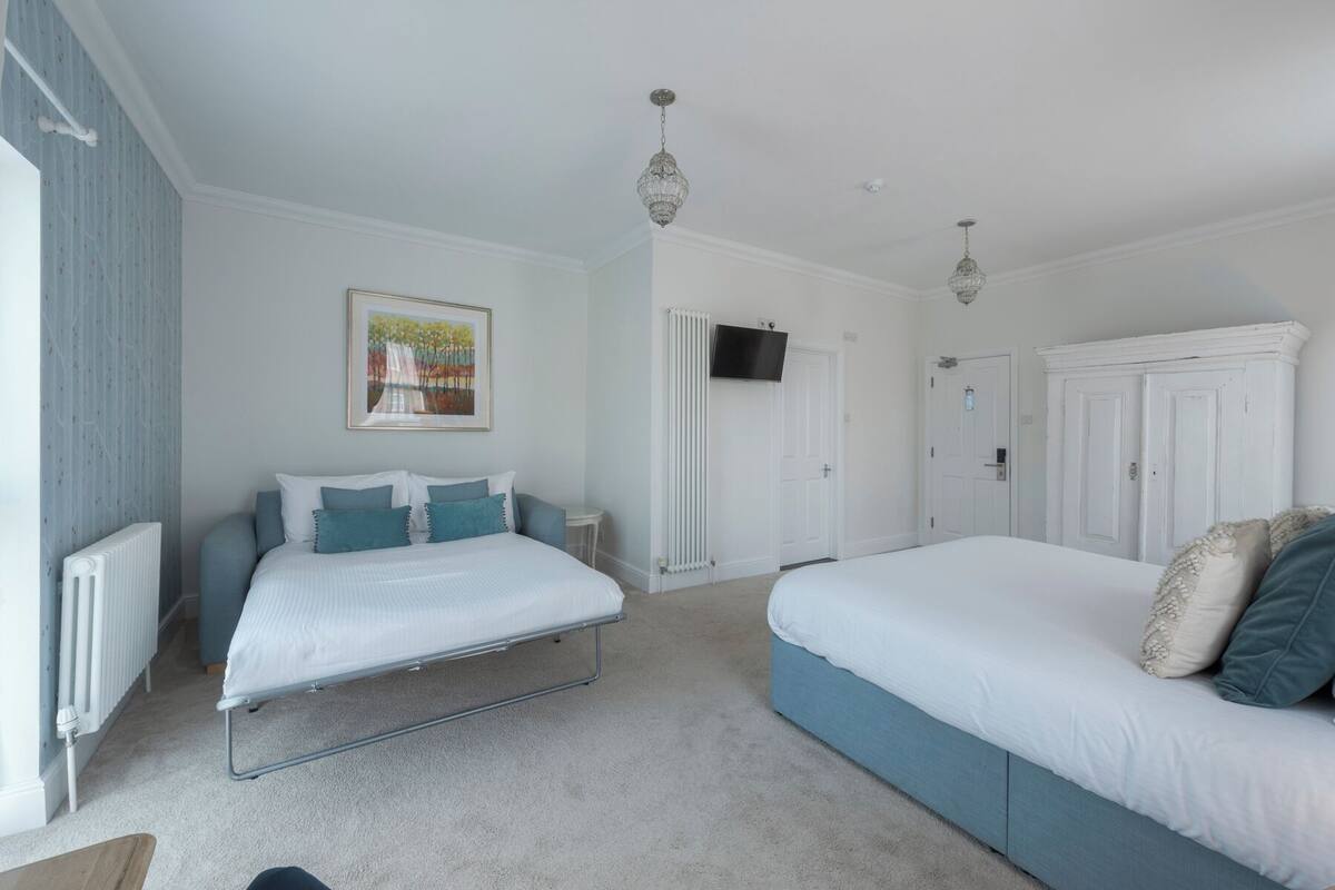 A bedroom with two beds, a radiator, a TV, and a door.