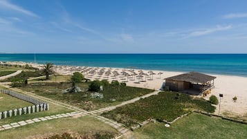 Private beach, white sand, sun-loungers, beach umbrellas
