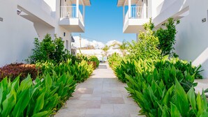 A pathway flanked by lush green plants leading to a white building with balconies. - Via Farilya Hotel (Bodrum)