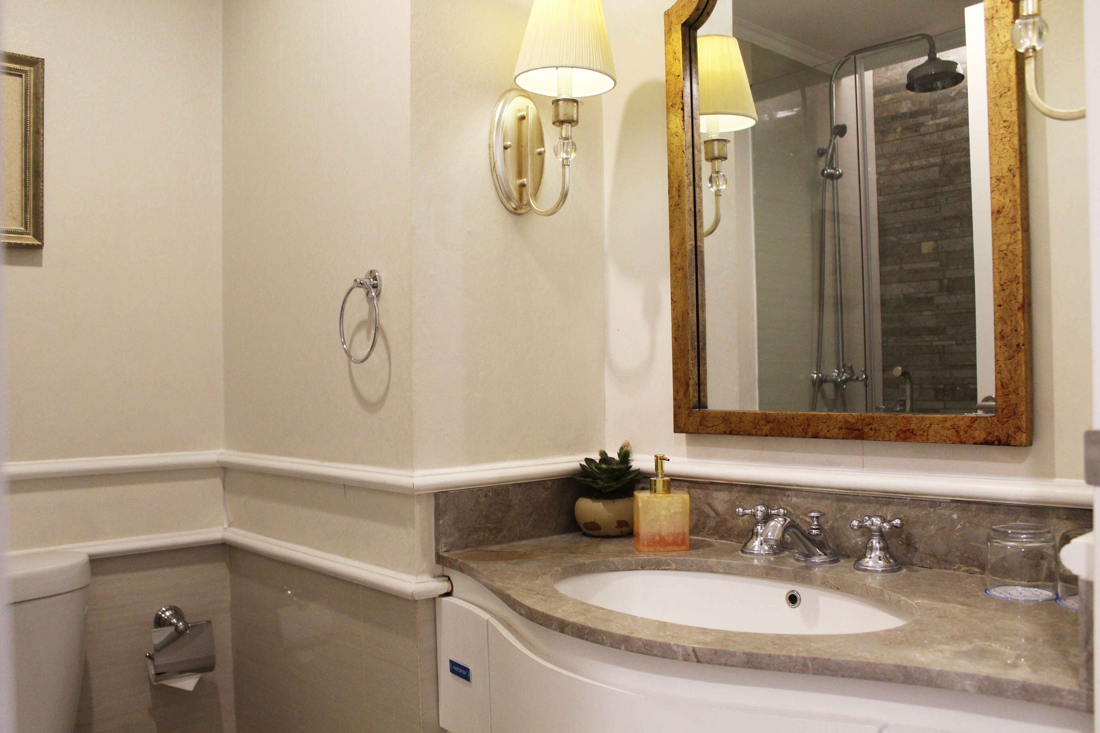 shower, rainfall showerhead, free toiletries, hair dryer