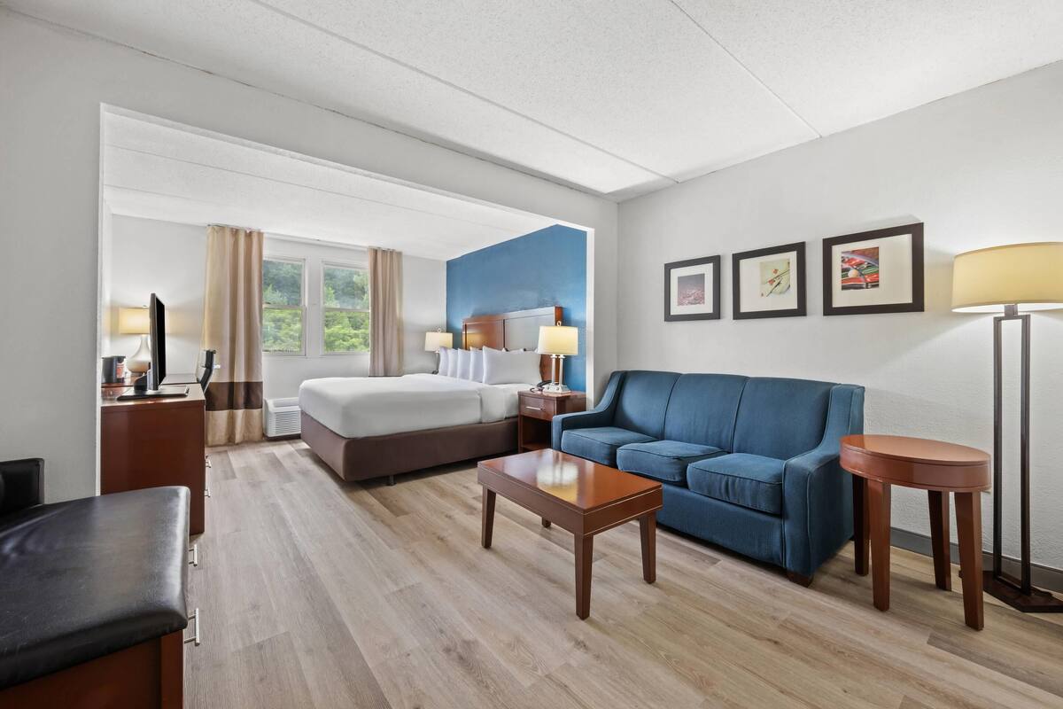 Een hotelkamer met een bed, een bank, een bureau, een stoel en een lamp.