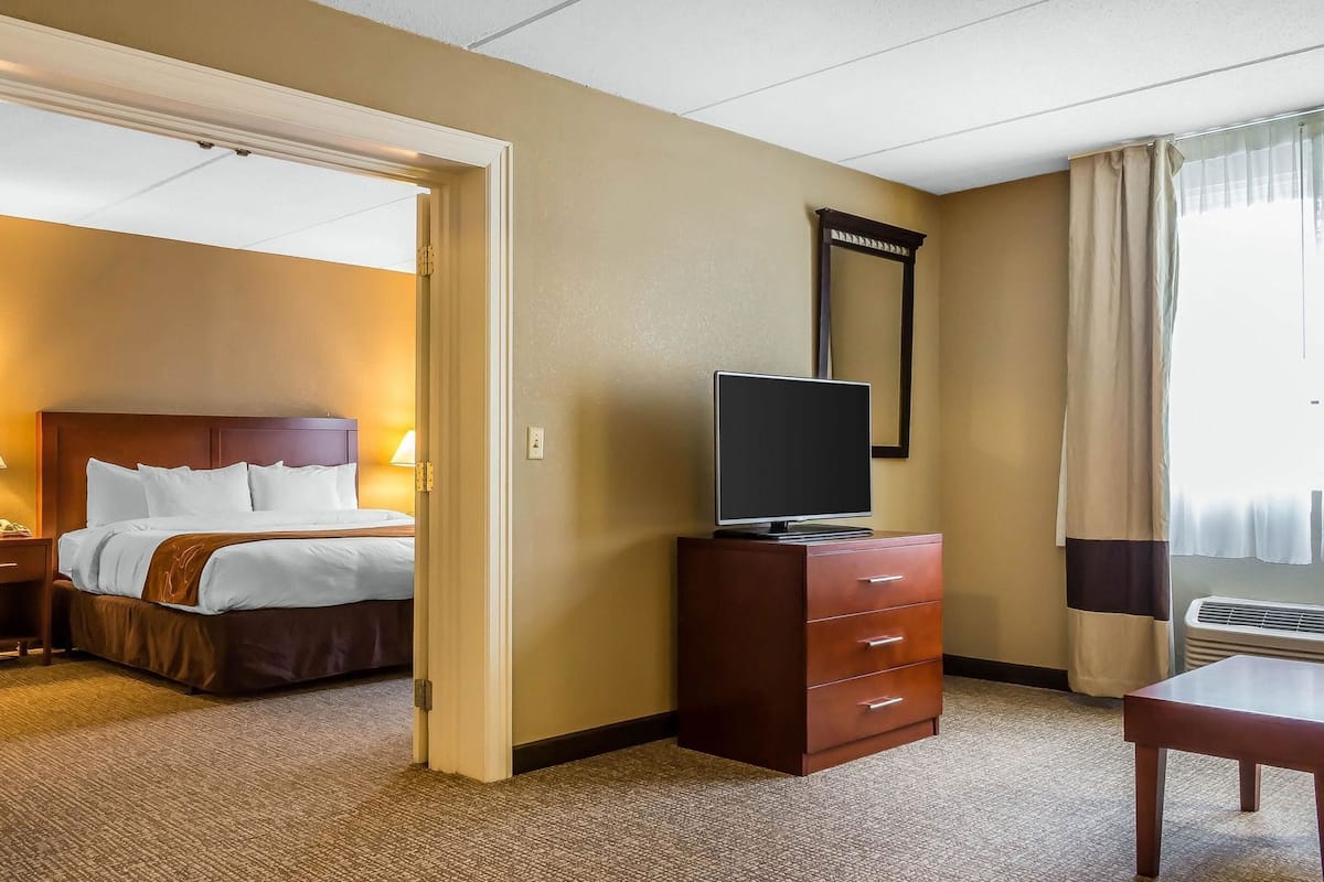 Une chambre d’hôtel avec un lit, un téléviseur posé sur une commode, un miroir et une fenêtre avec des rideaux.