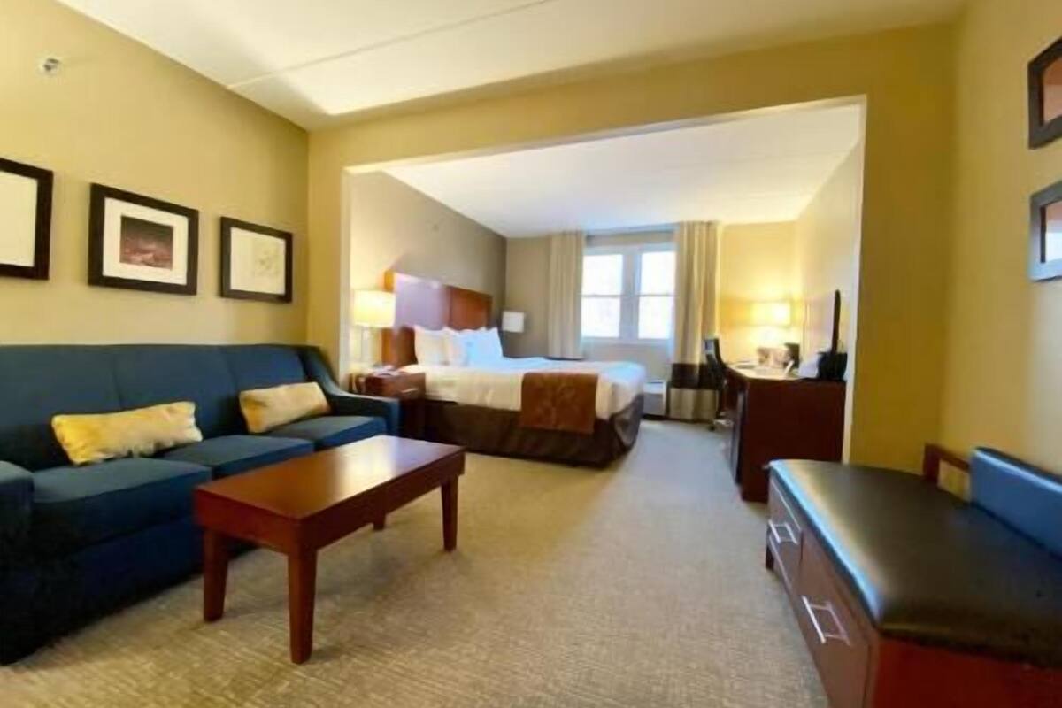 Premium bedding, desk, laptop workspace, blackout drapes