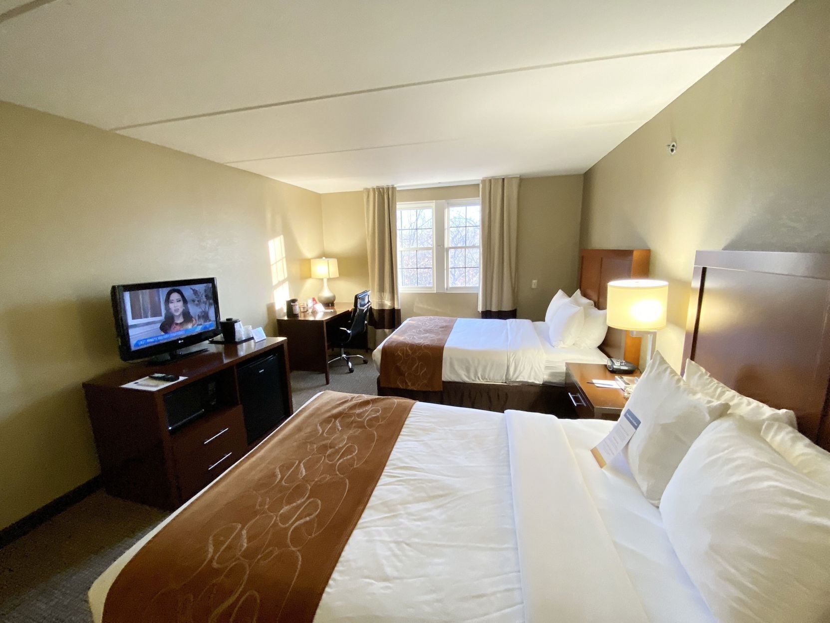 A hotel room with two beds, a desk with a TV, a chair, and a lamp.