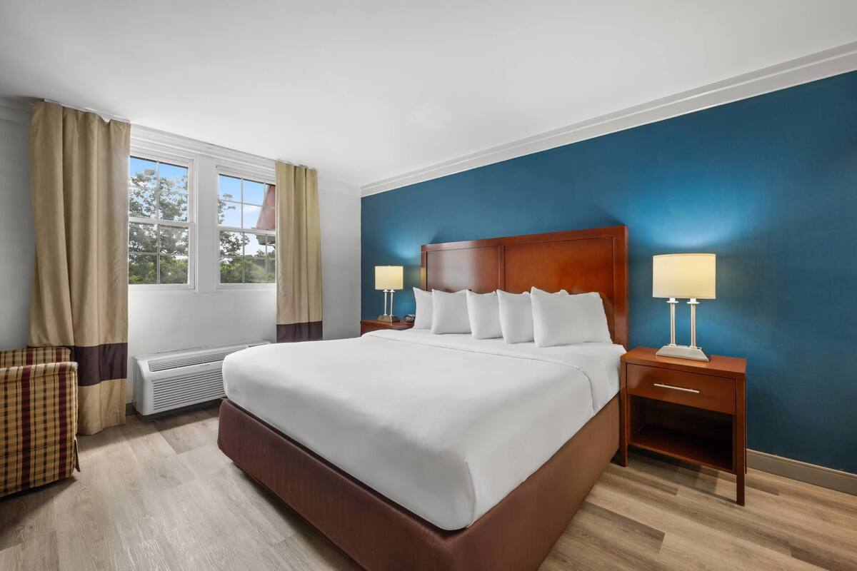Een hotelkamer met een groot bed, twee nachtkastjes met lampen, een raam met gordijnen en uitzicht op bomen.