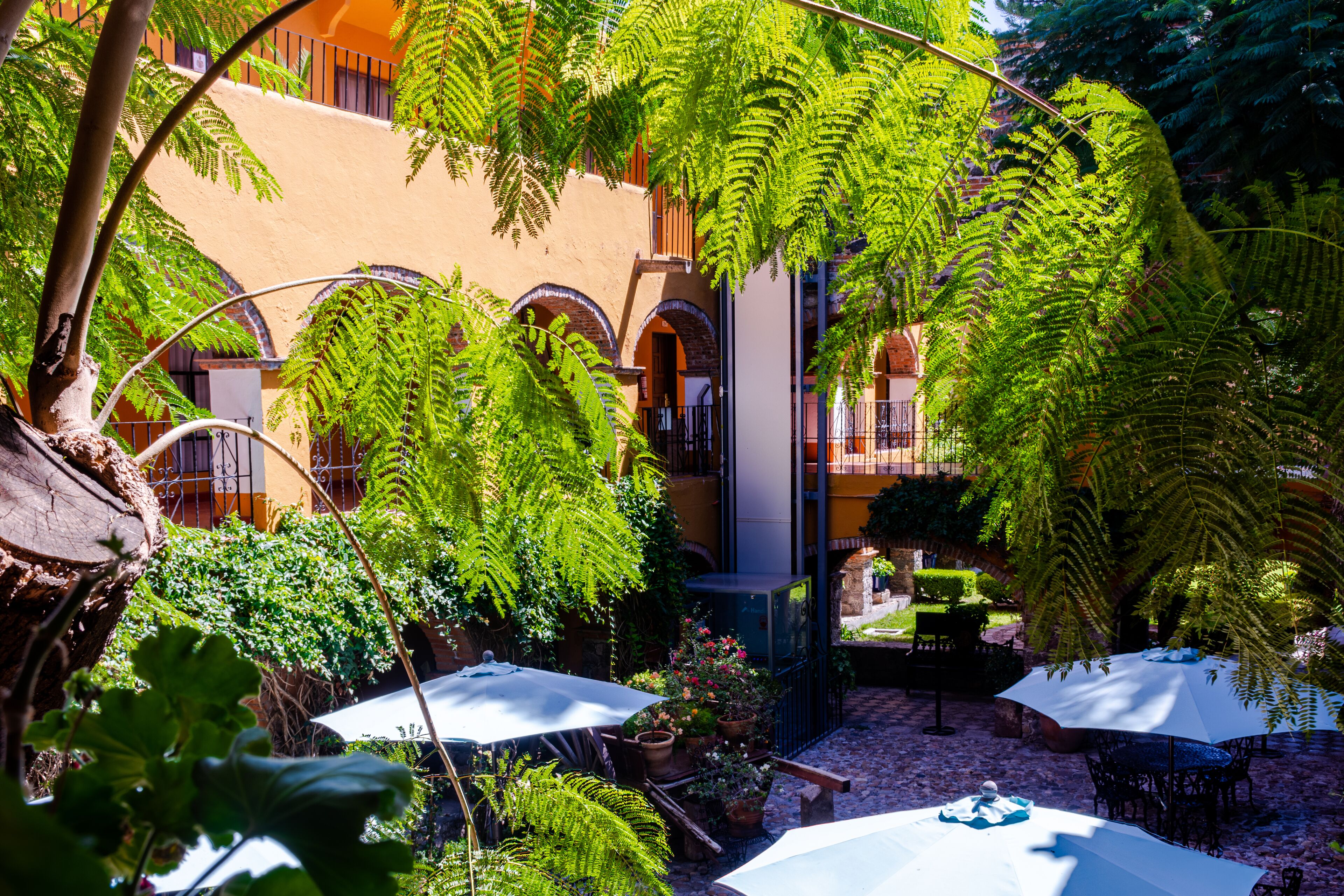A courtyard with outdoor seating, surrounded by lush greenery and a building with arches.