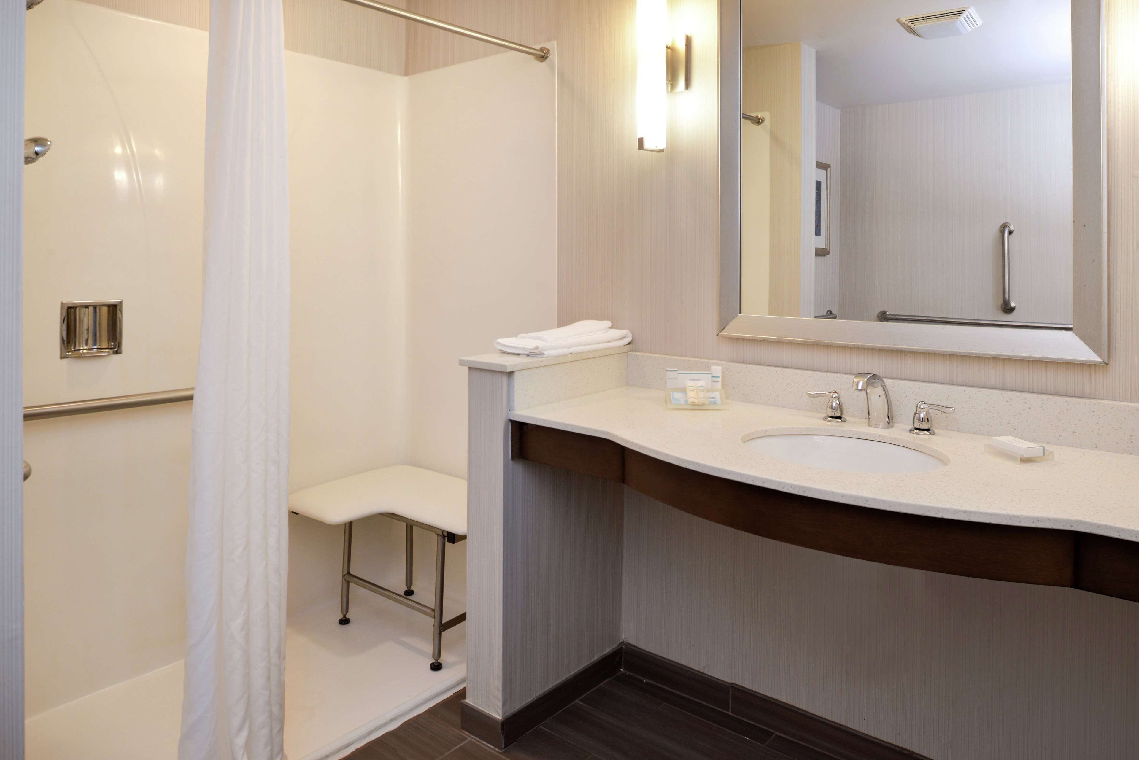 A modern bathroom with a shower, a sink, and a mirror.