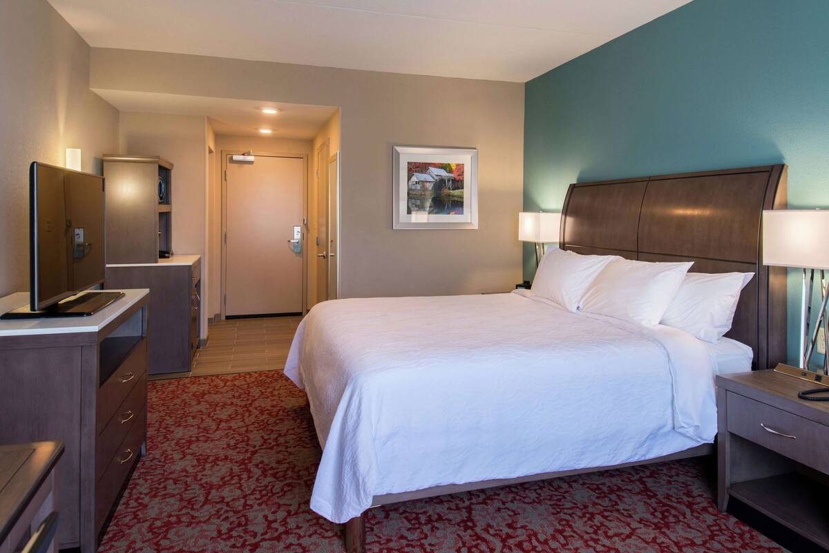A hotel room with a bed, bedside table, lamp, TV, and a red patterned carpet.