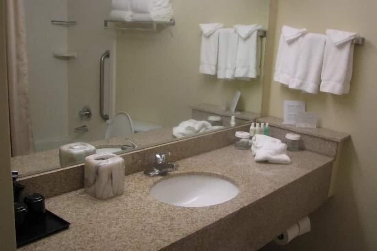 Un baño de hotel con lavabo, espejo, toallero y zona de ducha.