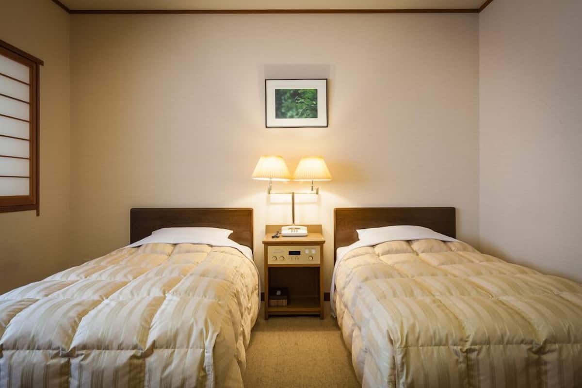 Een hotelkamer met twee eenpersoonsbedden, een nachtkastje met een lamp en een lijst aan de muur.