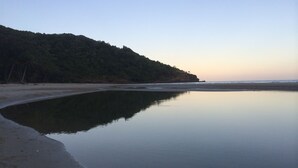 A calm beach with a clear sky and a forested hill in the background.