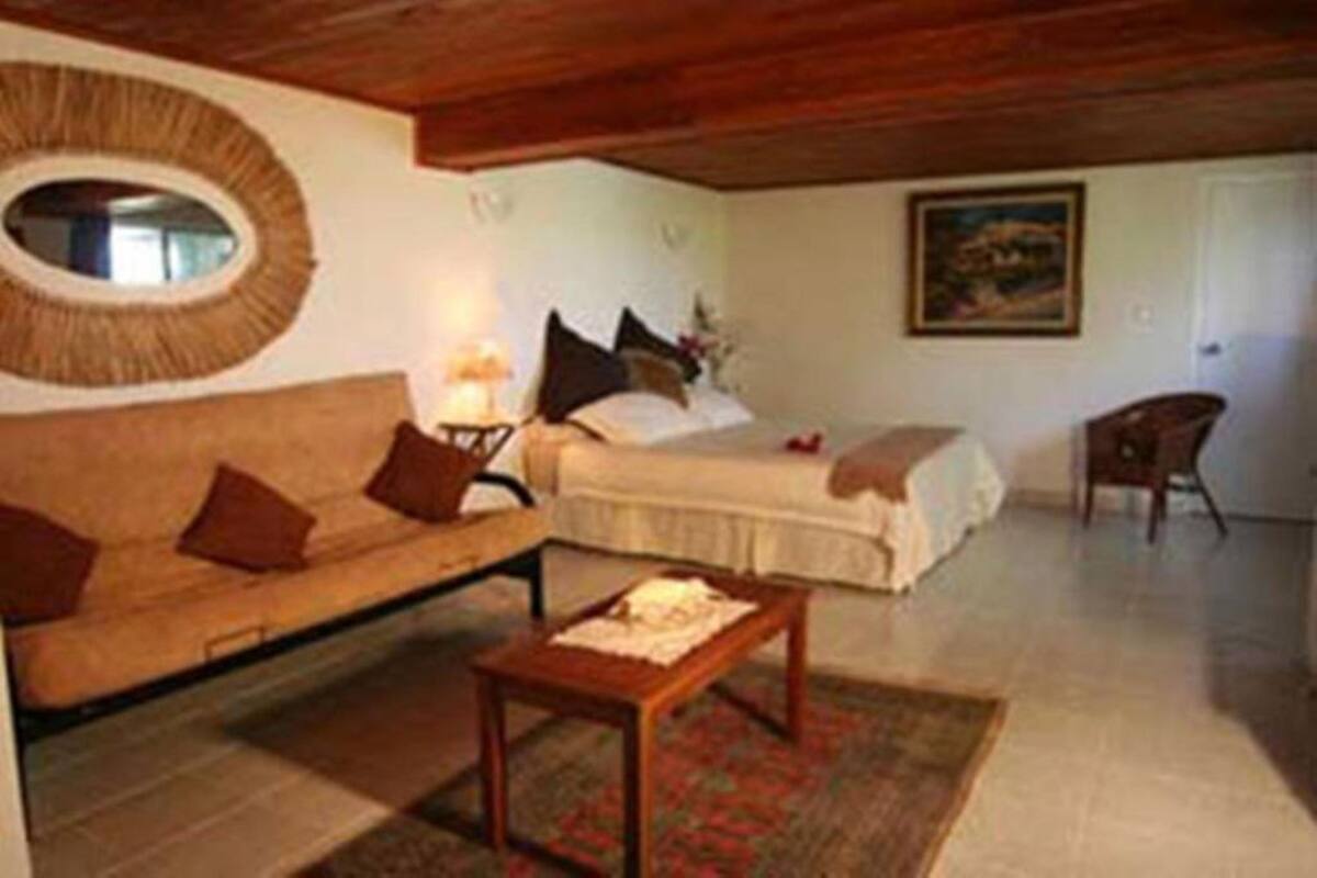 Een gezellige kamer met houten plafond, een ronde spiegel, een bank met kussens, een bed met kussens, een klein tafeltje en een schilderij aan de muur.