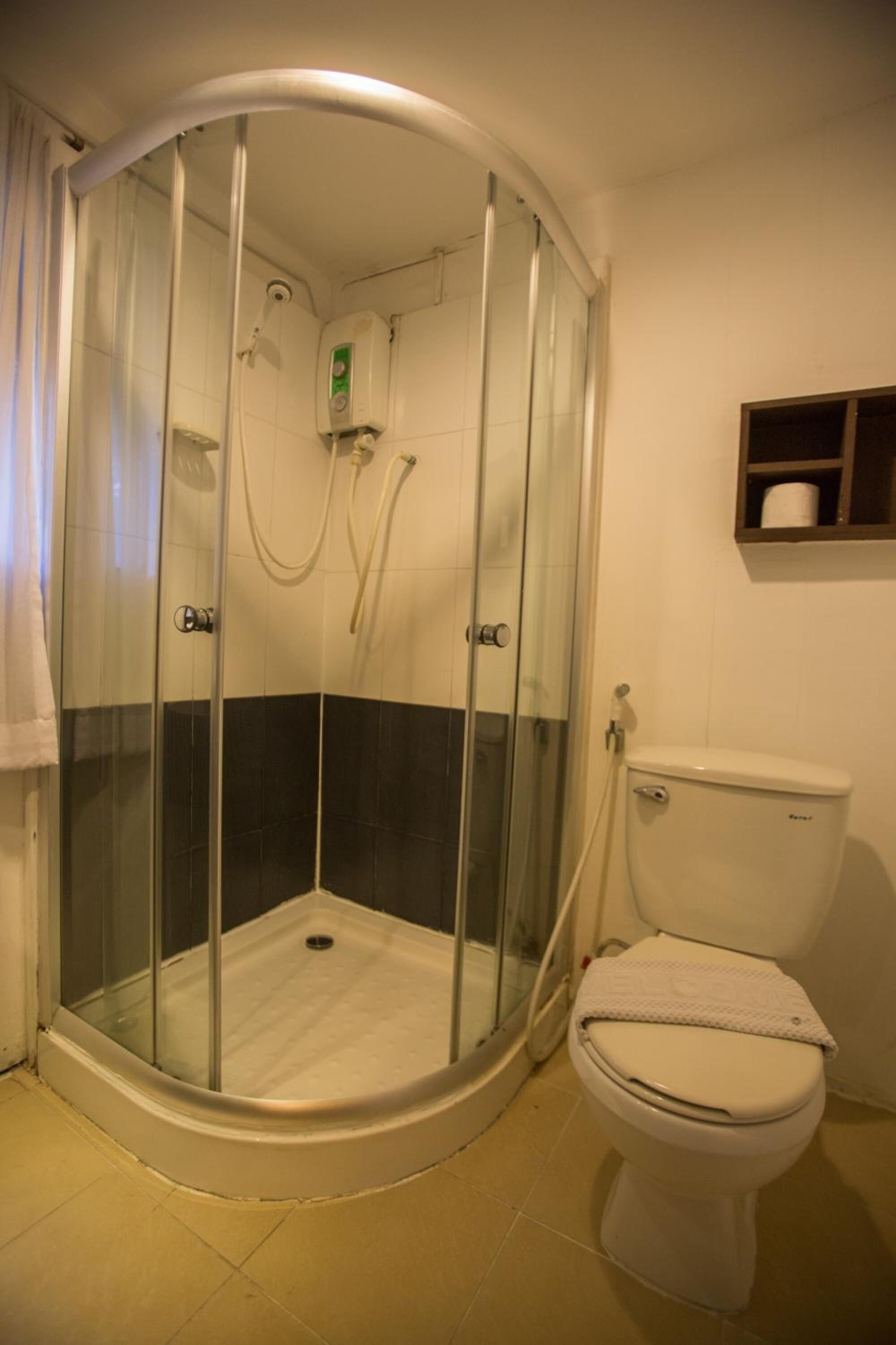 Une salle de bain avec une douche à parois de verre, des toilettes blanches et une petite étagère sur laquelle repose un rouleau de papier toilette.