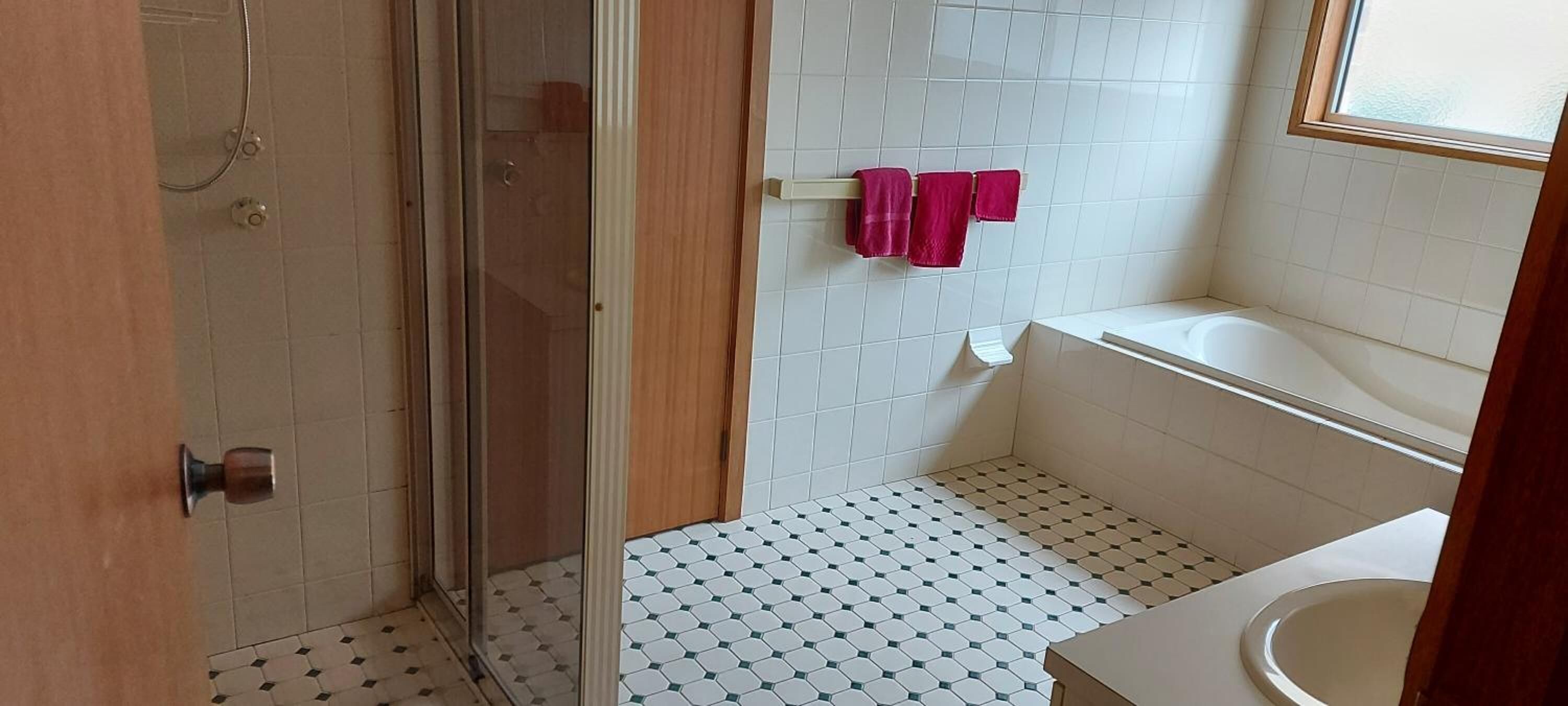 Un baño con ducha, inodoro y lavabo.