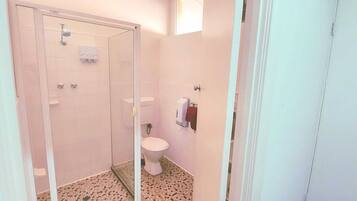 A small bathroom with a toilet, a shower, and a hand dryer.