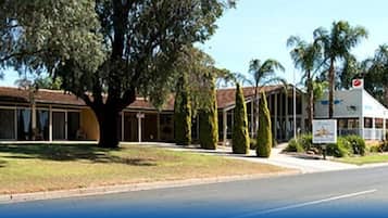 A building with a large tree in front, a clear sky, and a road in the foreground.