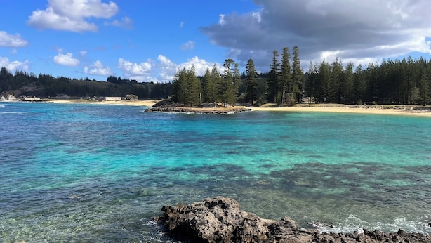 A coastal landscape with clear turquoise waters, rocky shoreline, and a forested area in the background. - Channers on Norfolk (Norfolk Island)