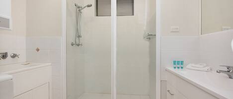 Une salle de bain moderne avec une douche à parois de verre, un lavabo blanc et un meuble-lavabo avec un miroir.