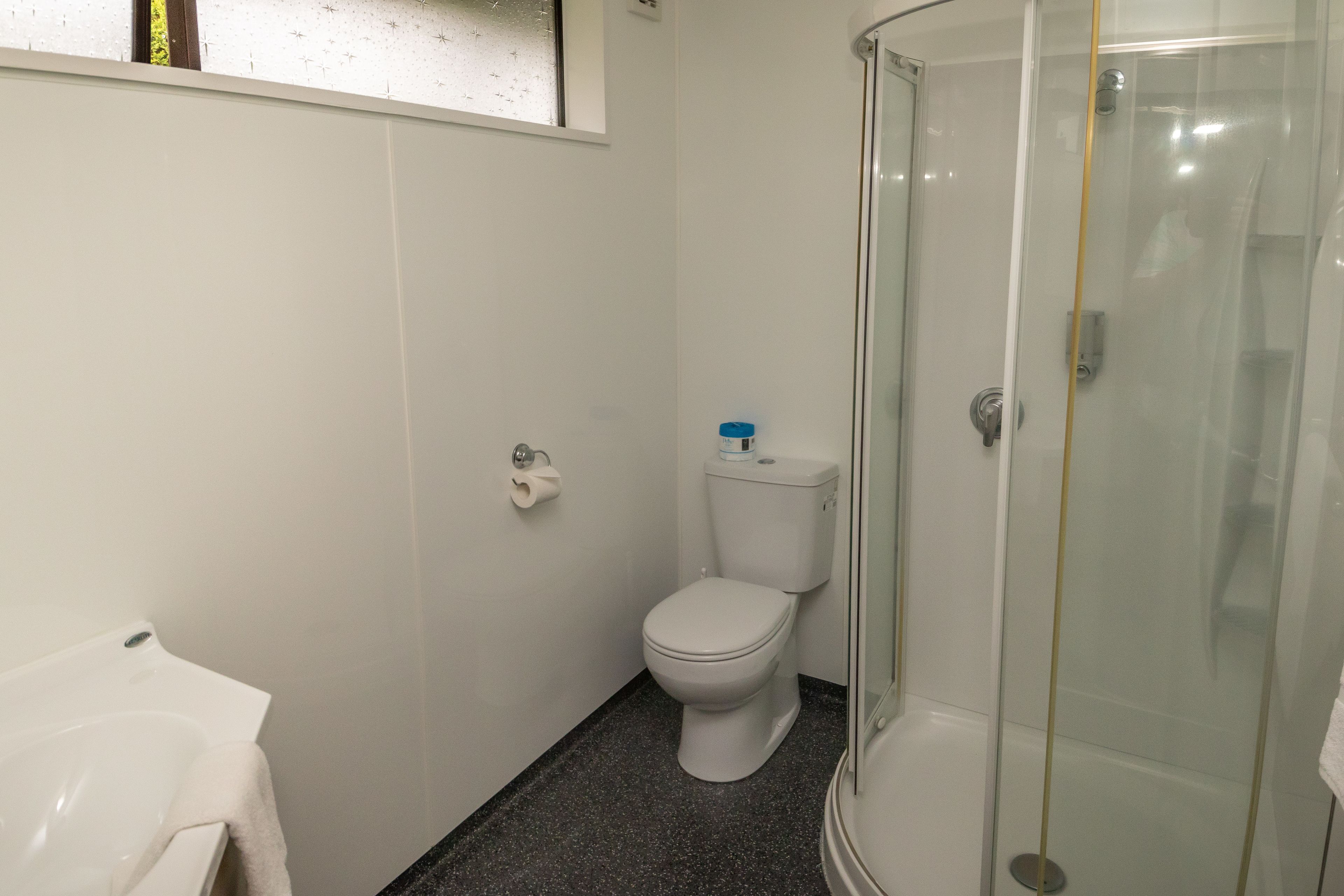 A bathroom with a toilet, a sink, and a glass-enclosed shower.
