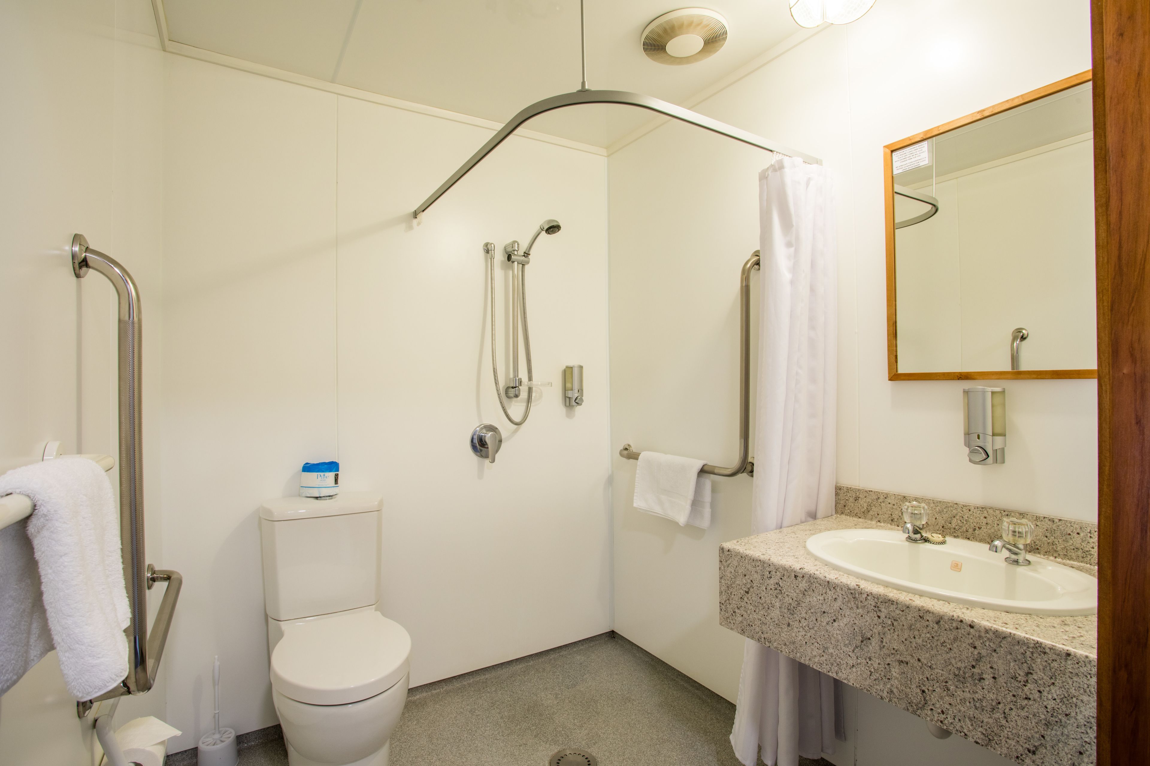 A bathroom with a toilet, a sink, a shower with grab bars, and a mirror.