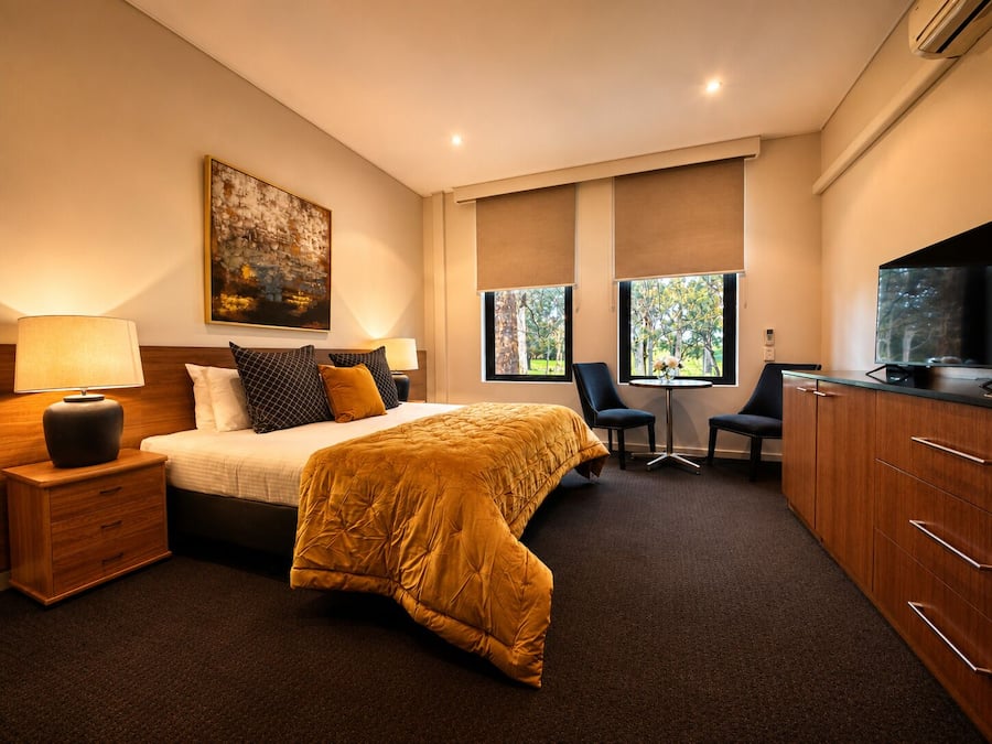 A modern hotel room with a bed, bedside table, lamp, TV, and a view of trees through the window.