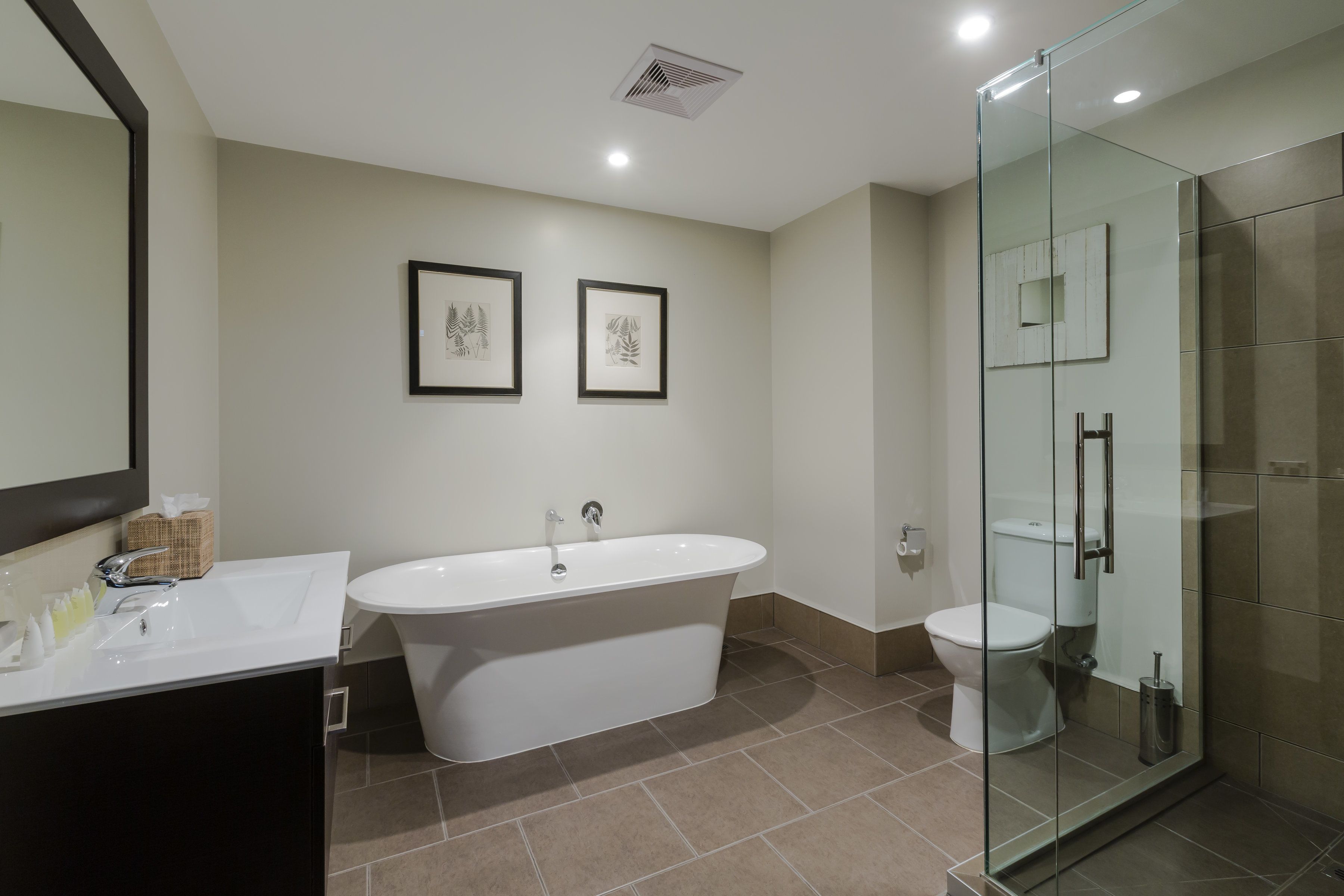 separate bathtub and shower, free toiletries, hair dryer, towels