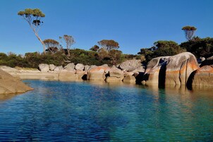Una piscina azul cristalina rodeada de grandes rocas y árboles.
