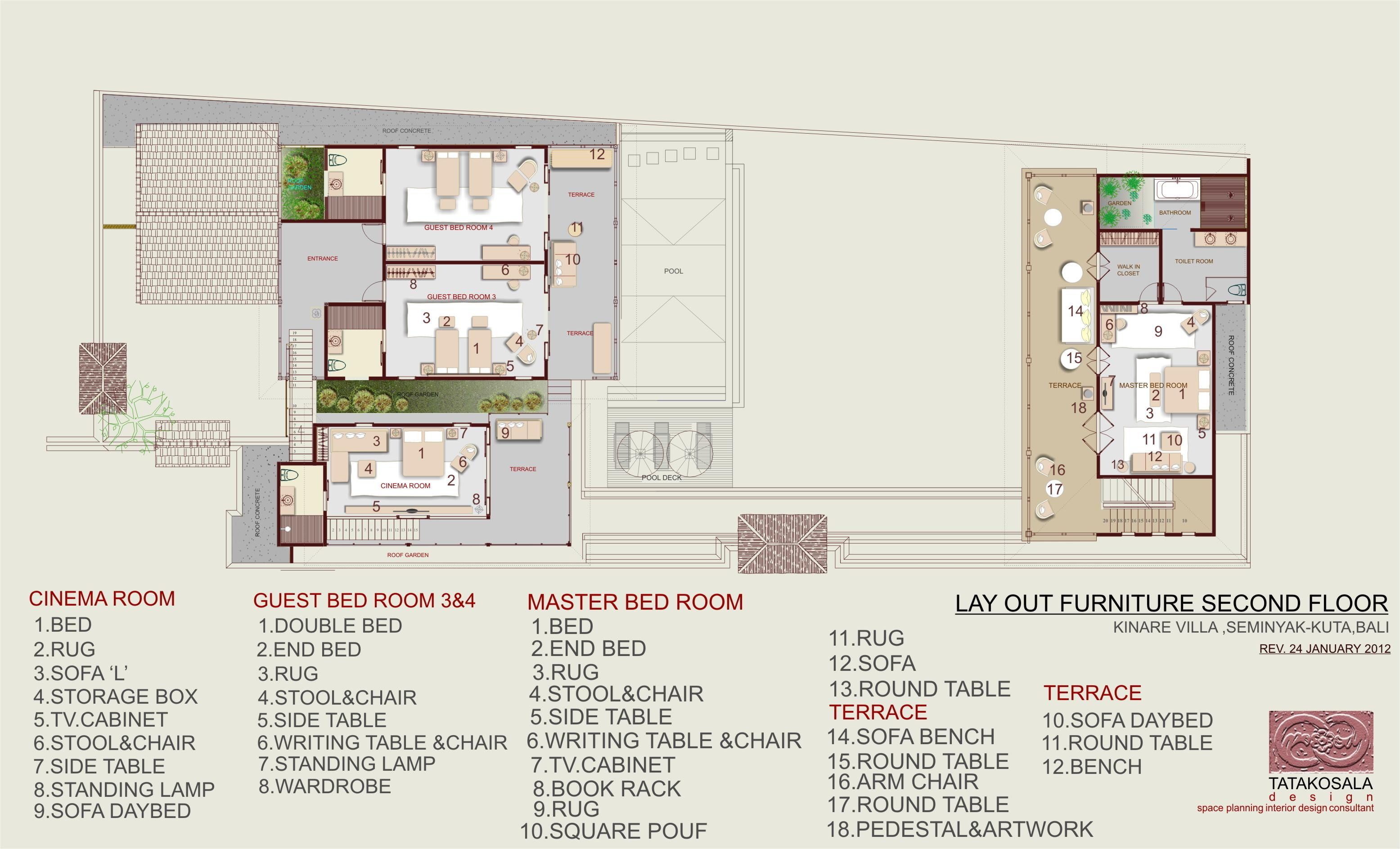 Plano de distribución de un hotel que muestra habitaciones de huéspedes, una sala de cine, una zona de piscina y una terraza.
