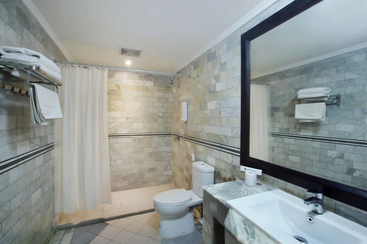 Shower, rainfall showerhead, free toiletries, hair dryer