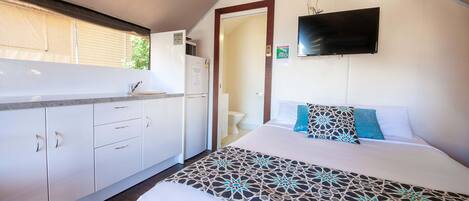 A bedroom with a bed, a TV, and a kitchenette.