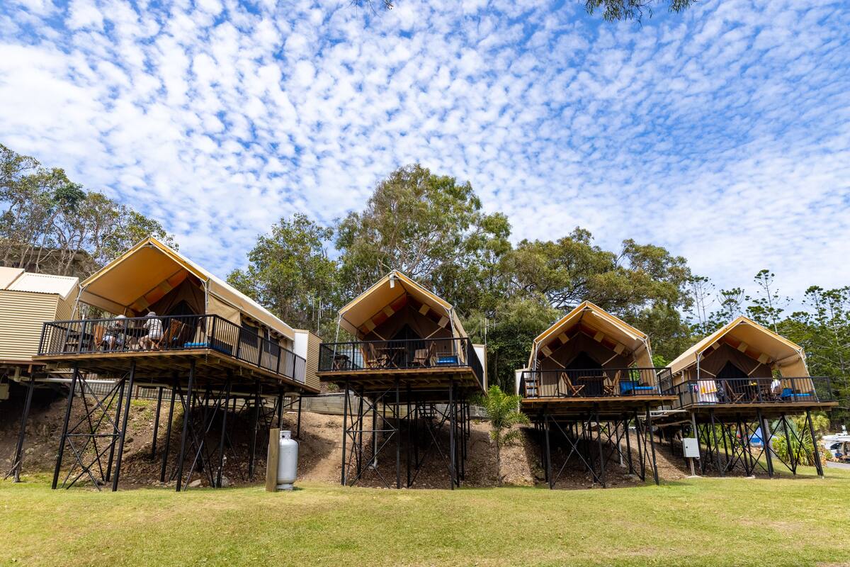 Trois cabanes surélevées, construites à la manière de maisons dans les arbres, dotées de balcons et reliées par une terrasse en bois.