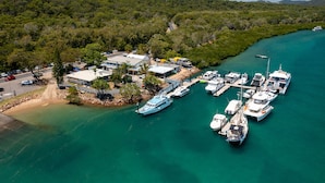 Un puerto deportivo con varias embarcaciones amarradas, rodeado de abundante vegetación y un paisaje montañoso.