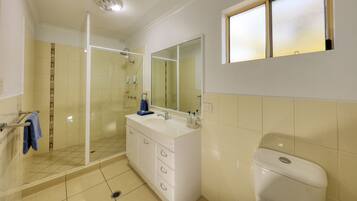 A bathroom with a glass shower enclosure, a white sink with a mirror, and a toilet.