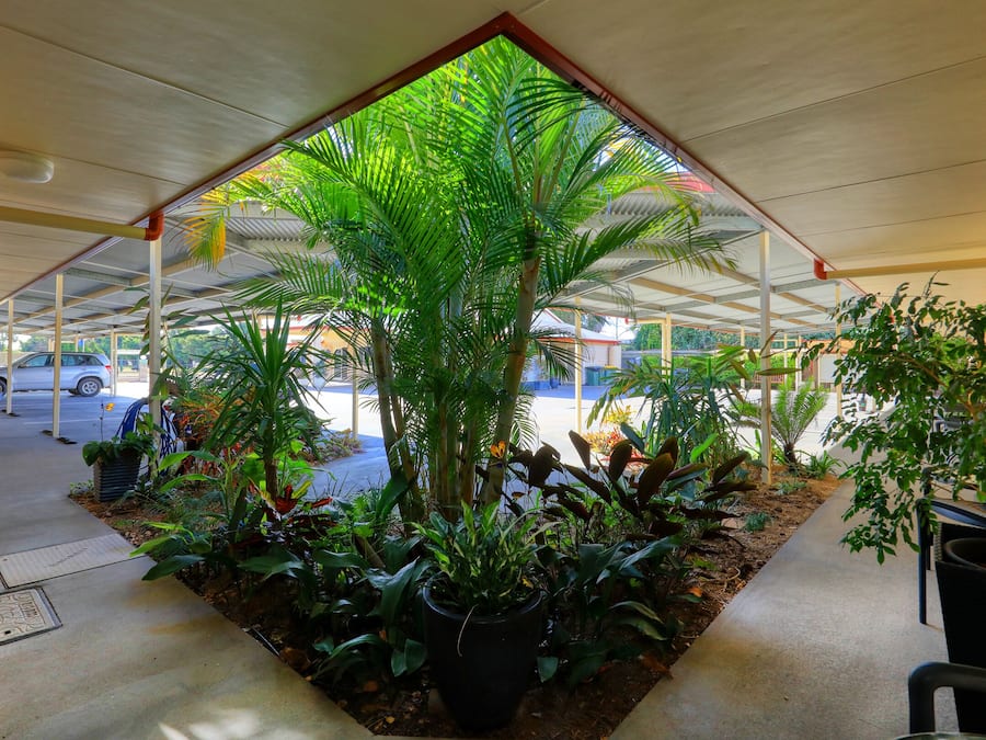 A covered outdoor area with a central plant arrangement, seating, and a view of the parking lot.