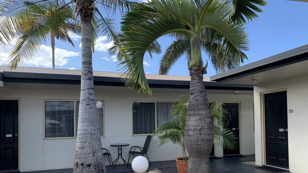 Un edificio moderno con dos palmeras, un patio con sillas y una puerta con la etiqueta '10'.