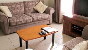 Una sala de estar con sofá, mesa de centro, televisor y ventana con cortinas.