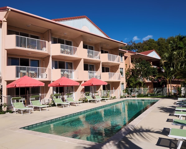 Outdoor pool, pool umbrellas, pool loungers